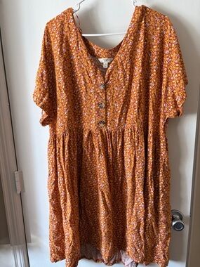 Terra & Sky Rust Orange Floral Button-Front Casual Dress